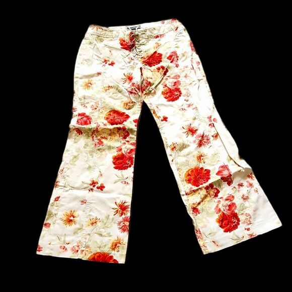 Y2K Express Size 11/12 Floral Wide Leg Jeans White Orange Red Green Tie Closure - Picture 1 of 2